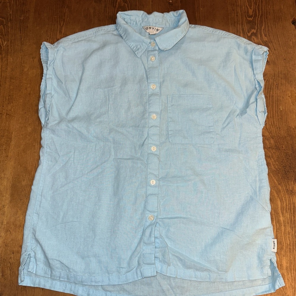 Orvis Women's Blue Linen Rayon Blend Shirt Sleeve Button Up Shirt Size Large